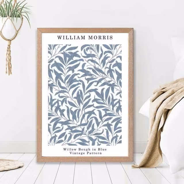ARTZE William Morris Willow in Blue Floral Art Print with Oak Frame, A3, Mid Blue – 1