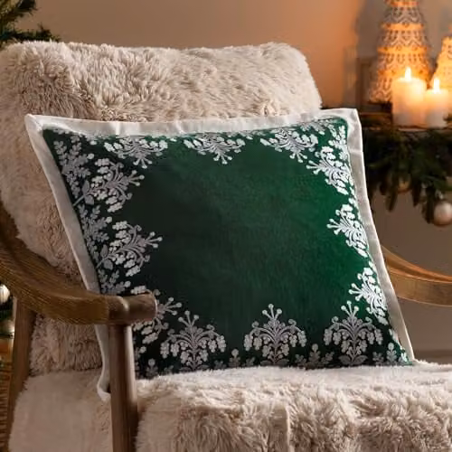 Paoletti Winter Bloom Floral Embroidered Cotton Velvet Cushion, Green, W/D/H: 50 x 50 x 50 cm – 5