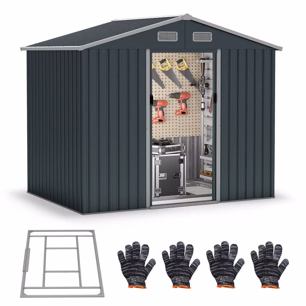 Gymax Large Outdoor Storage Shed and Utility Tool House with Sloping Top, Grey, W/D/H: 226 x 162 x 196 cm – 4
