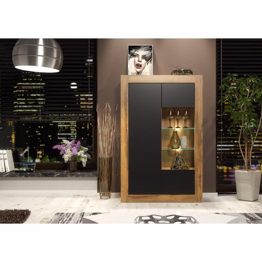 Creative Furniture Arcadia Display Cabinet in Dark Oak with Black Matt Glass Doors and Integrated LED Lighting, W/H: 140 x 93 cm – 2