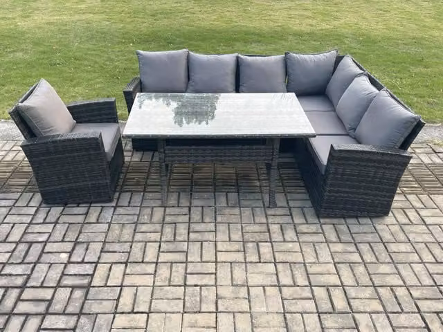Fimous 7 Seater Rattan Garden Furniture Set with Dining Table and Tempered Glass in Dark Grey