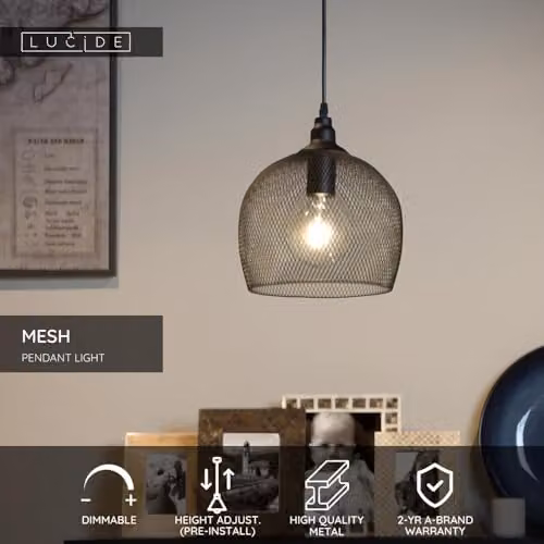 Lucide Mesh Dimmable Adjustable Height Vintage Pendant Light, Black, Diameter: 22 cm – 2