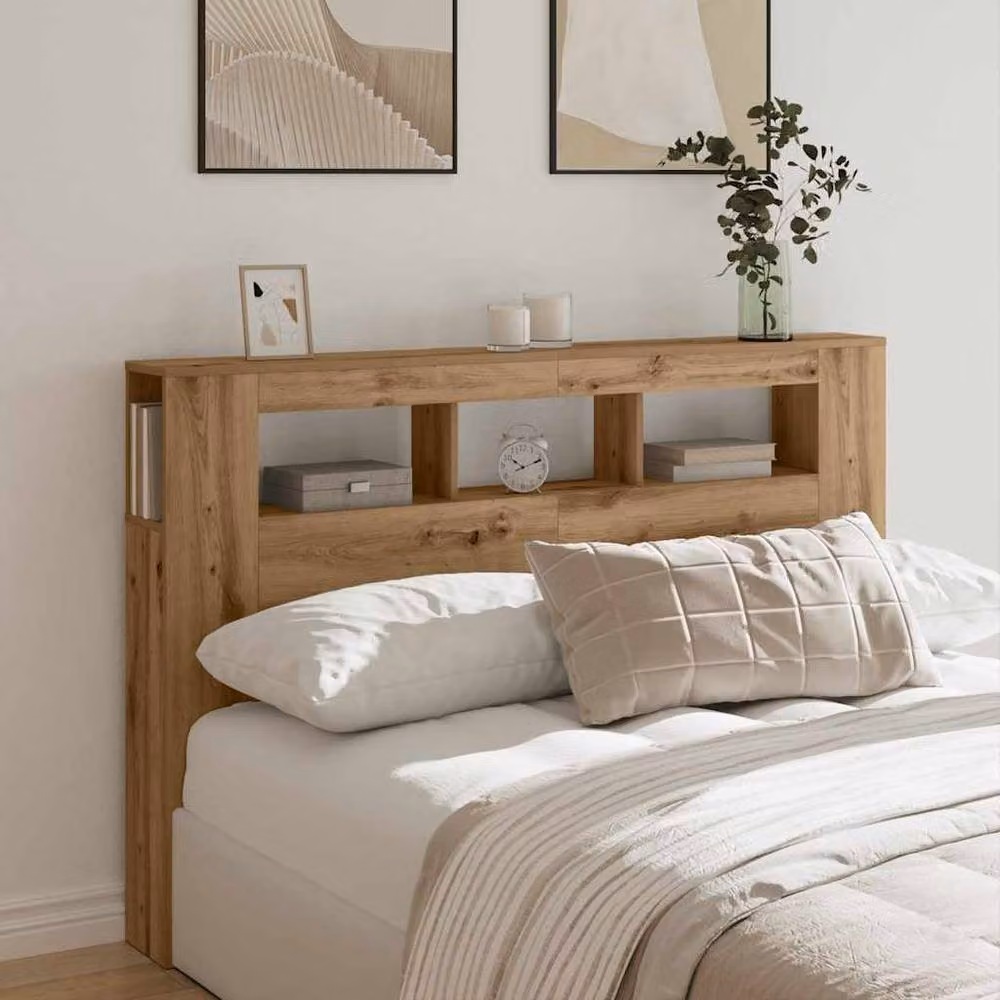Berkfield Home Artisan Oak LED Headboard with Integrated Lighting and Bedside Shelves, Brown, W: 160 cm, D: 18.5 cm, H: 103.5 cm – 2