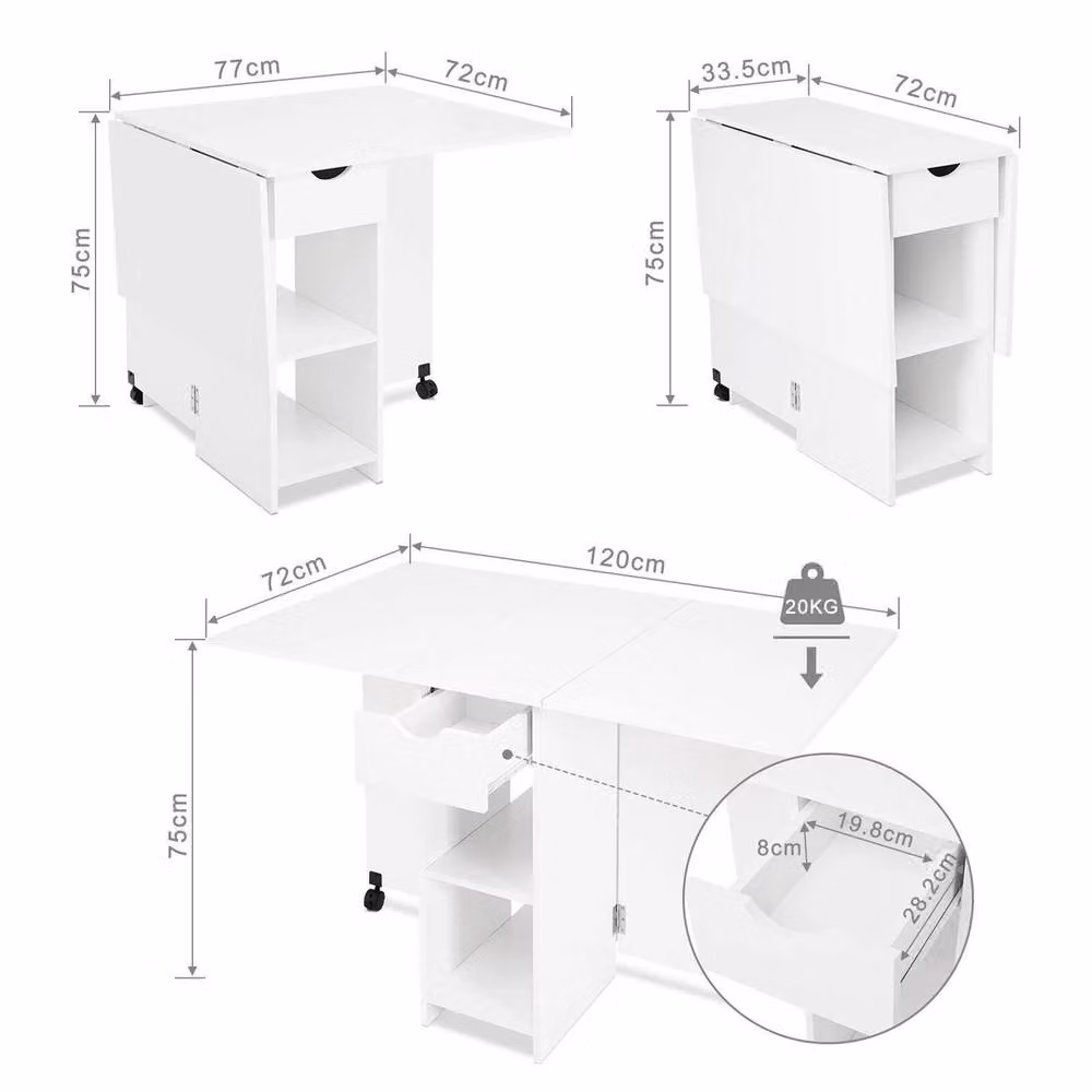 KORVIXA White Folding Drop Leaf Dining Table with Castors, W/D/H: 100 x 72 x 75 cm – 2