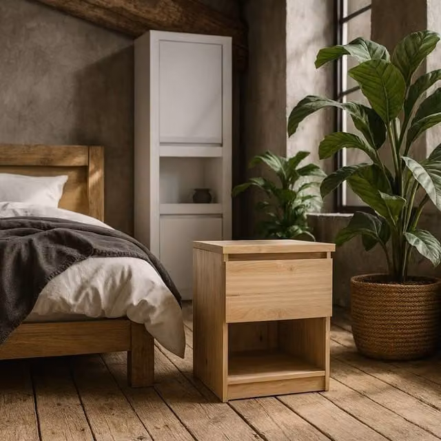 Wyld Haus Budapest Natural Oak Effect Wooden Bedside Table with 1 Drawer and 1 Shelf, W/D/H: 40 x 40.4 x 49.5 cm – 1
