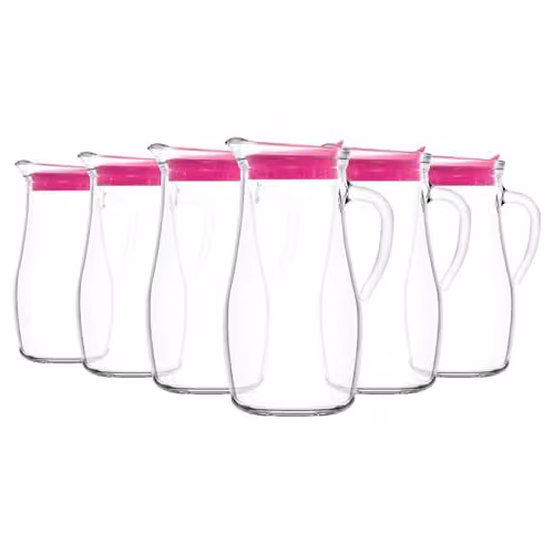 LAV Misket Glass Water Jugs with Silicone Lid and Drip Free Spout, Transparent, 1.8 l, Pack of 6