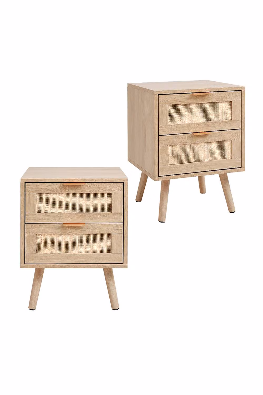 H&O Direct Set of 2 Natural Pine Wood and Rattan Bedside Cabinets in Beige – 2