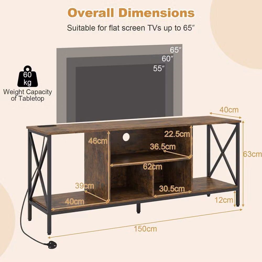 Gymax TV Stand with LED Lights and Power Outlets in Brown – 2