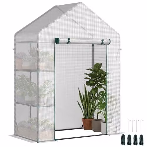 Outsunny Portable Walk In Greenhouse with 2 Tier Shelving, Green and White, W/D/H: 143 x 73 x 195 cm – 1