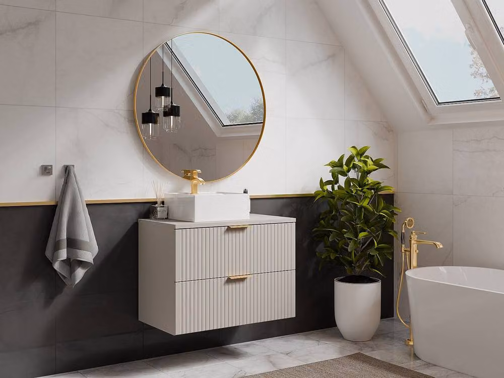 Vente-unique Zevara Striped Floating Vanity Unit with Shelf, Beige, W: 80 cm, D: 46 cm, H: 35 cm – 2