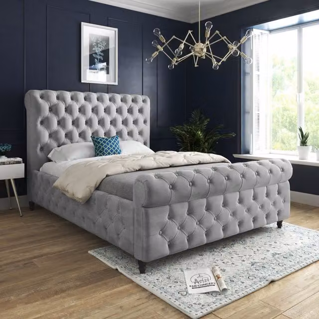 Casani Savana Sleigh Upholstered Velvet Bed Frame in Grey, W/D/H: 180 x 200 cm