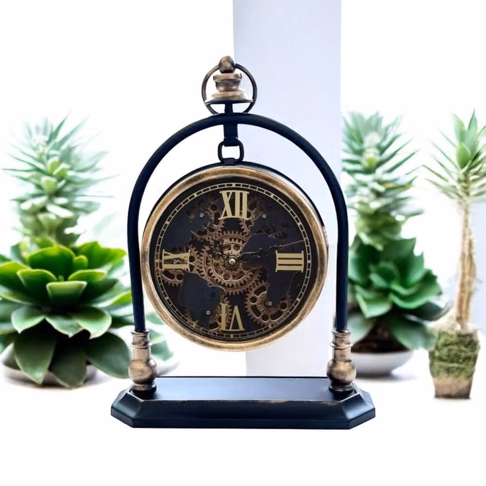 VOGREX Modern Round Mantel Gear Clock with Silent Sweep Movement in Black, Gold and Multicolour Metal – 3