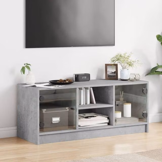 Berkfield Home Modern TV Cabinet with Glass Doors in Concrete Grey, W/D/H: 102 x 37 x 42 cm – 1