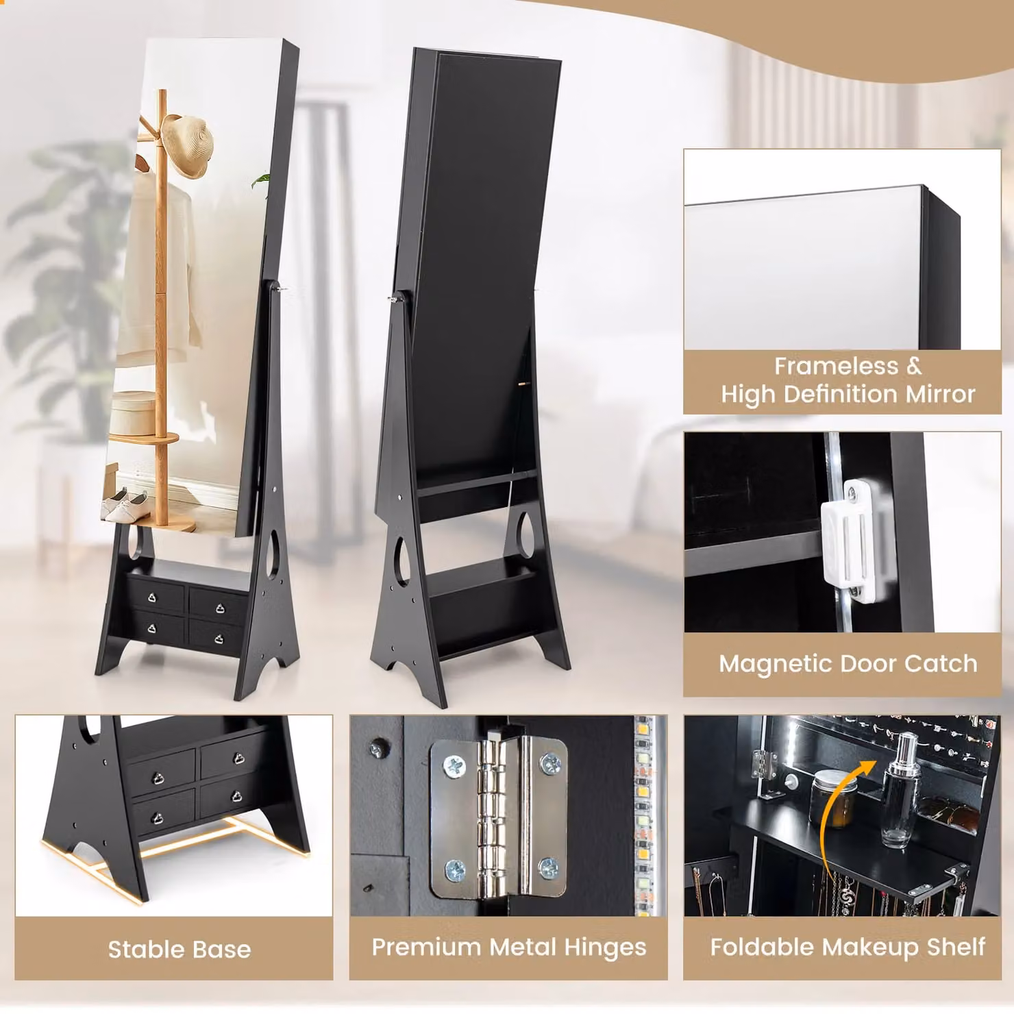 Costway Black Modern Jewelry Cabinet Armoire with 3-Colour LED Lighting and Mirror – 6