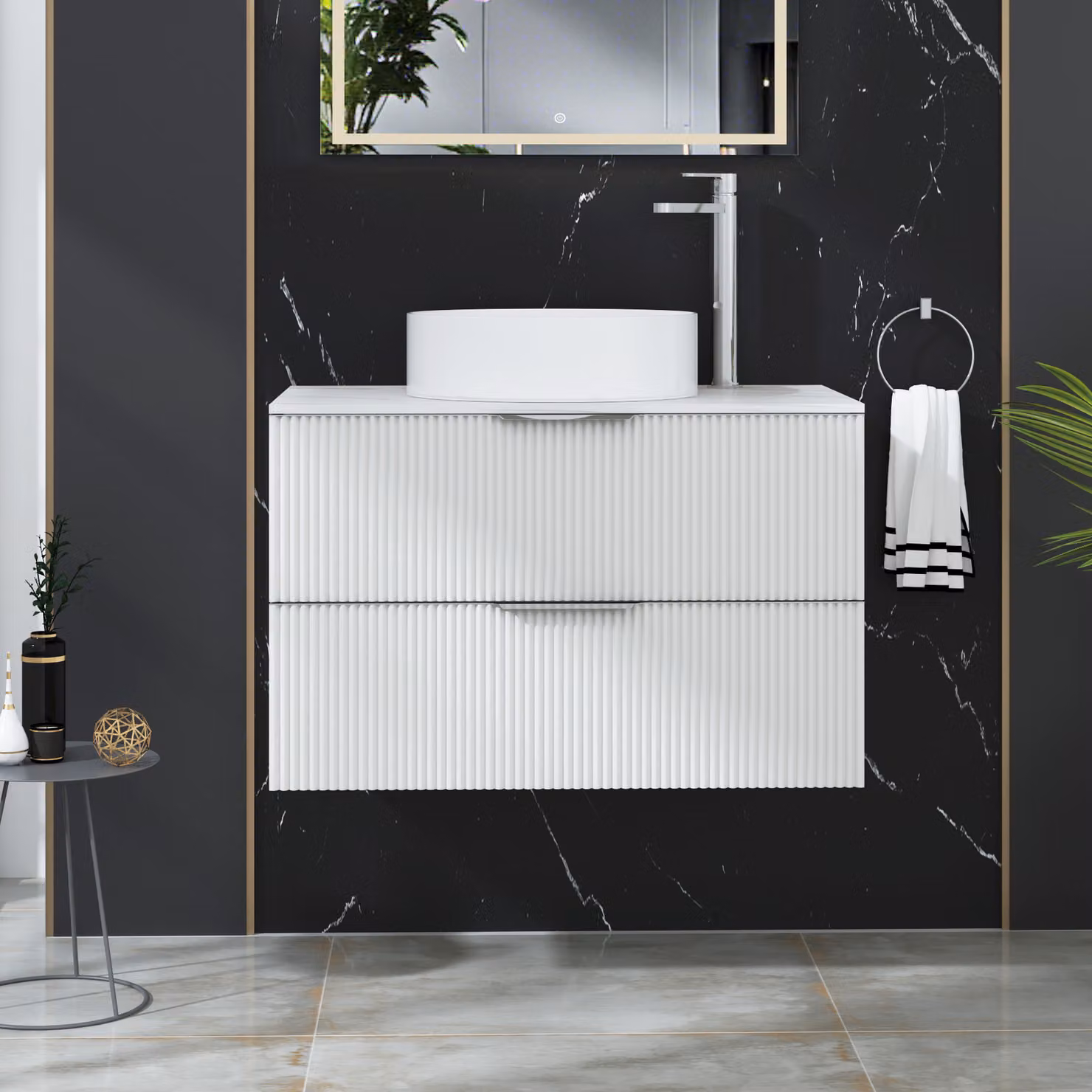 Royal Bathrooms Evora 800mm Matt White Fluted Wall Hung Vanity Unit with 2 Drawers and Art Deco Basin