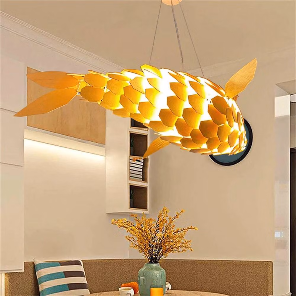 FLAVORA Adjustable Hand-Woven Rattan and Metal Fish Style Ceiling Light Chandelier in Gold/Brass – 2