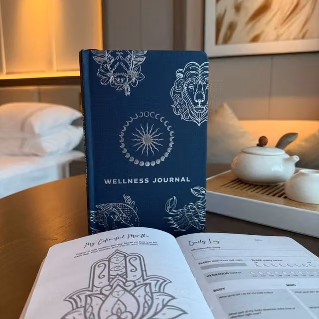KDMK Midnight Blue Zodiac Wellness Journal with Silver Details, Hardcover and Lined Paper