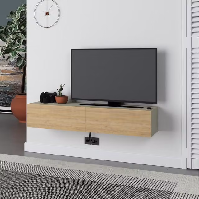 HOCUS PICUS Modern Floating TV Stand with 2 Door Storage Cabinet, Ash Green and Oak