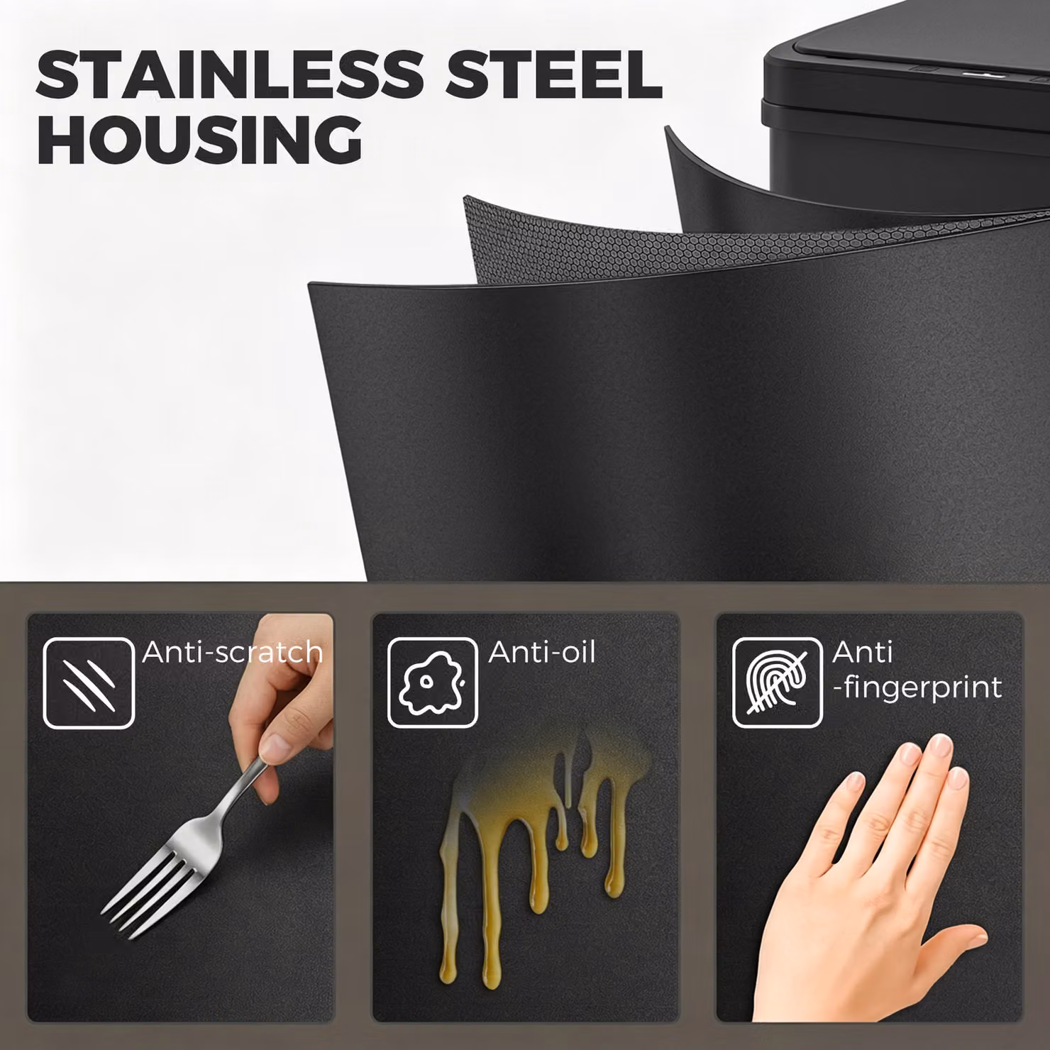 HOMCOM 40L Stainless Steel Automatic Motion Sensor Kitchen Bin with Soft-Close Lid, Black – 5