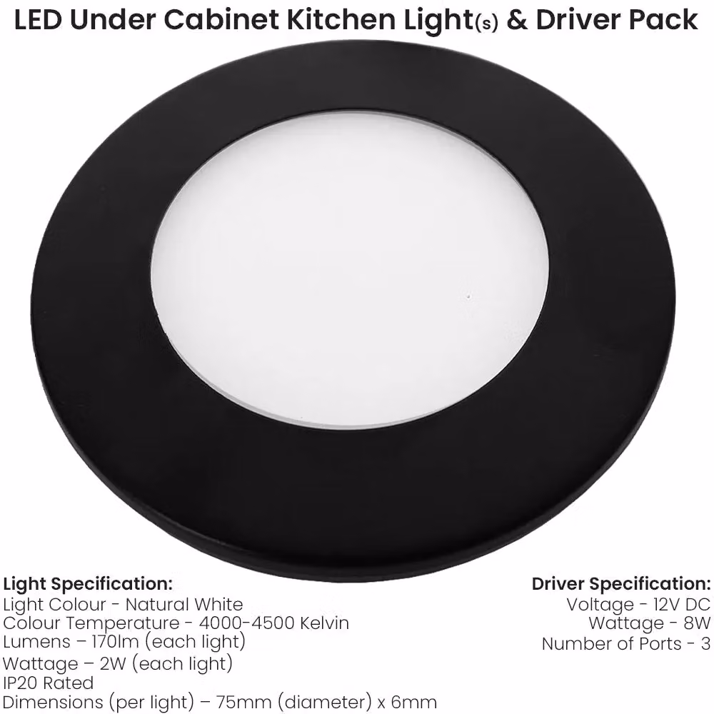 Loops Matt Black Ultra-Slim Round Under Cabinet Kitchen LED Light and Driver Kit with Natural White Diffused Light – 5