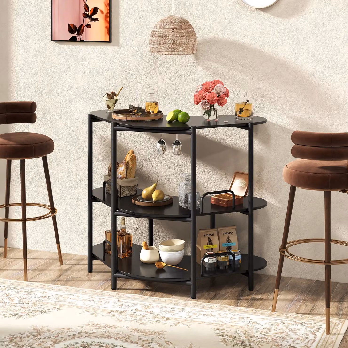 Gymax 3-Tier Industrial Corner Bar Unit with Wine Glass Holder in Black – 8