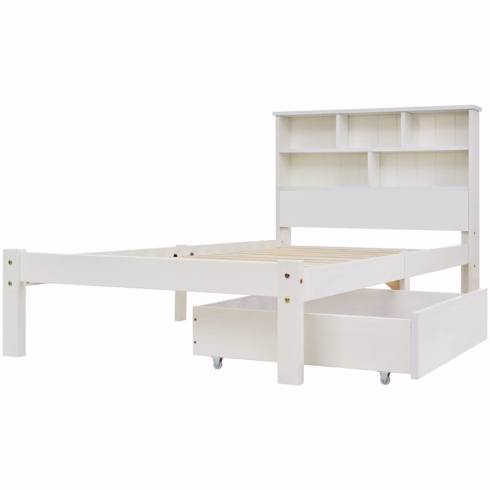Rolipo White Wooden Single Bed Frame with Storage Drawers and Bedside Shelves, W/D/H: 90 x 190 cm – 2