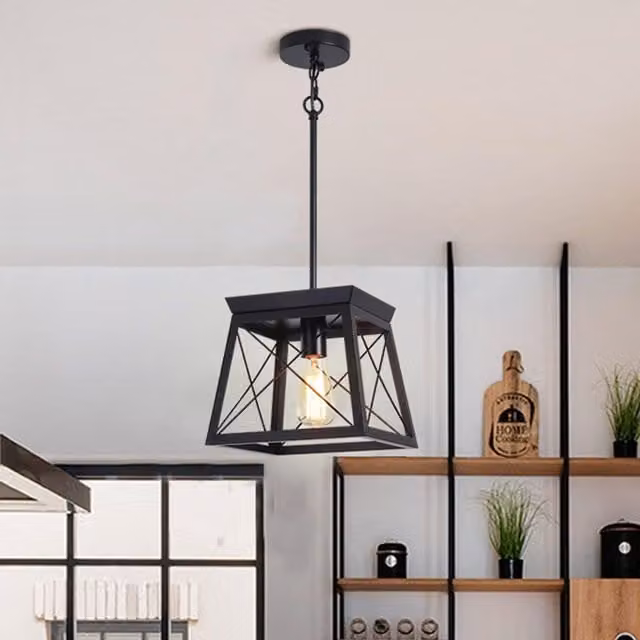 Garwarm Black Metal Rectangular Rustic Lantern Chandelier with Adjustable Height and E27 Socket