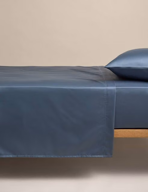 M&S Egyptian Cotton 400 Thread Count Mako Satin Silky Flat Sheet, Slate Blue, W: 200 cm x D: 200 cm