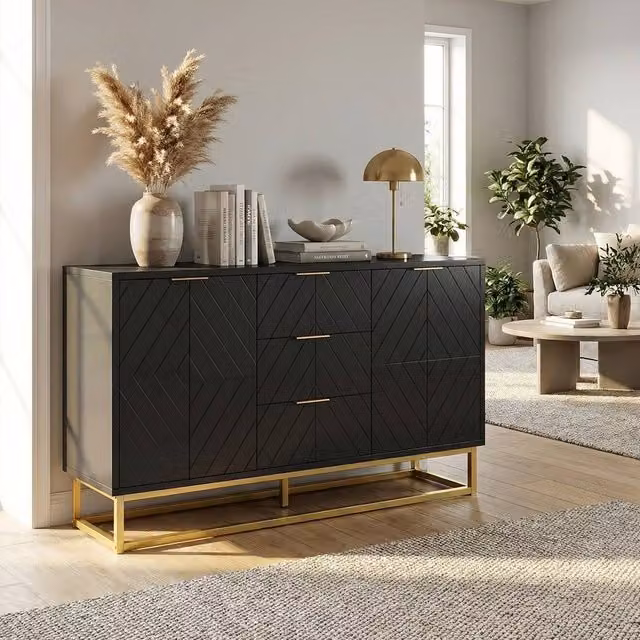 EONLION Black and Gold Modern Sideboard Storage Cabinet with 3 Drawers, Width: 100 cm