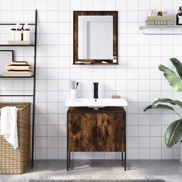 Berkfield Home 2 Piece Industrial Bathroom Cabinet Set in Brown Smoked Oak with Vanity Unit and Mirror Cabinet