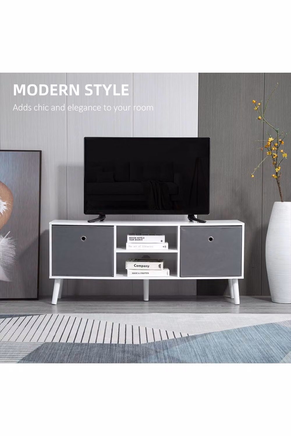 ERGOVEXA Modern Wood TV Cabinet Stand in White and Grey, W: 110.0 cm, D: 29.0 cm, H: 46.5 cm – 2