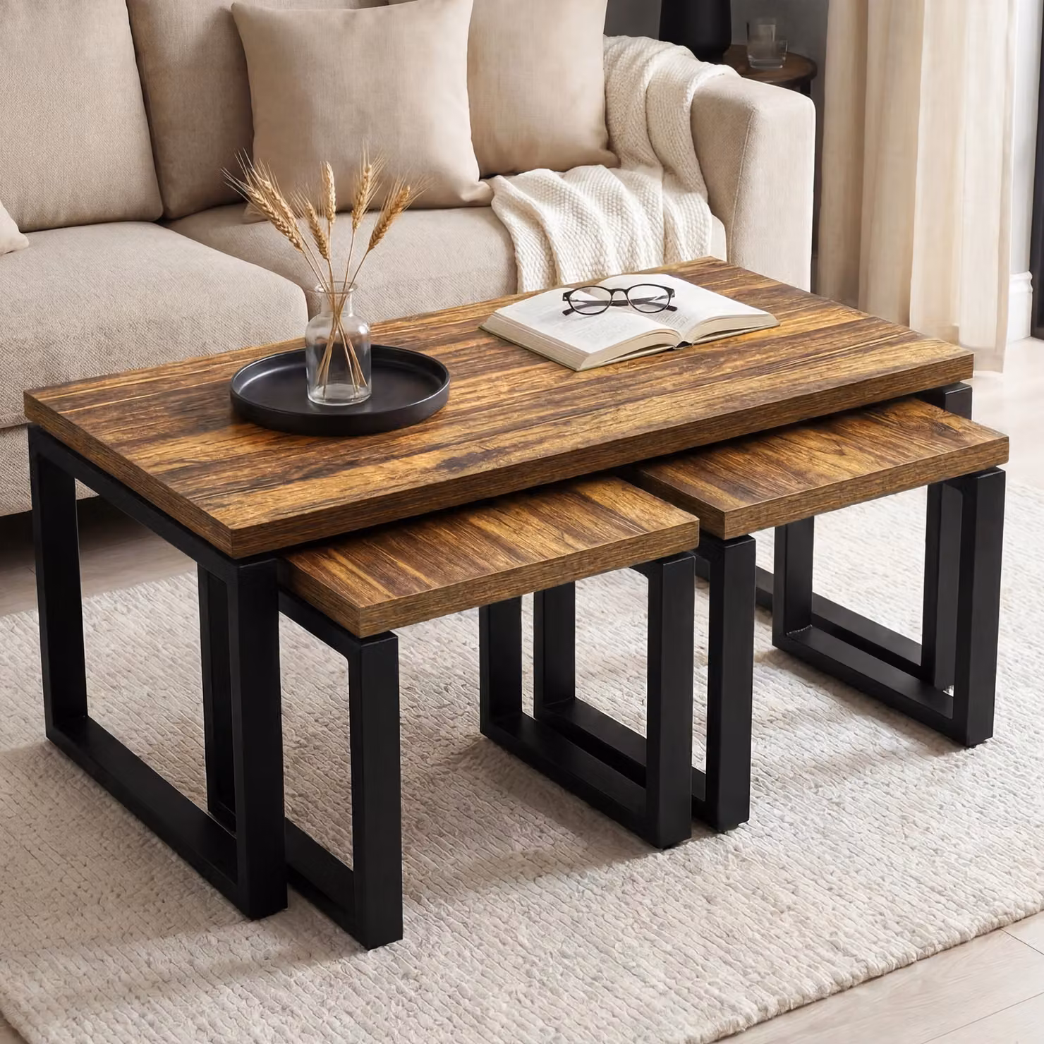 Nestline Industrial Nesting Tables Set of 3 in Black and Brown, Rectangular MDF and Metal