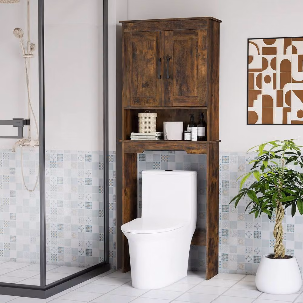 Costway Freestanding Over The Toilet Storage Cabinet with Hinged Doors and Open Shelf in Brown Rustic Wood – 4