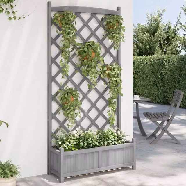 Berkfield Home Grey Solid Wood Fir Planter with Trellis – 1