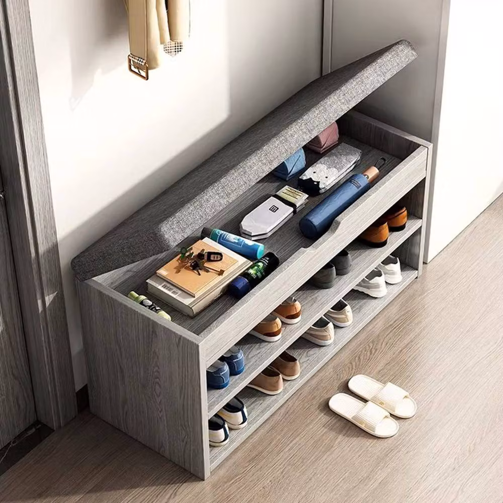 Ventryn Grey Fabric Shoe Bench with Cushioned Seat and Storage for Hallways – 4