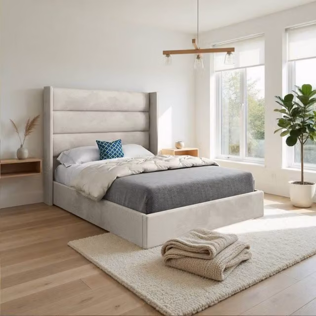 Casani Ranskill Upholstered Velvet Designer Bed Frame in Beige, Super King, W/D/H: 200 x 137 x 189 cm