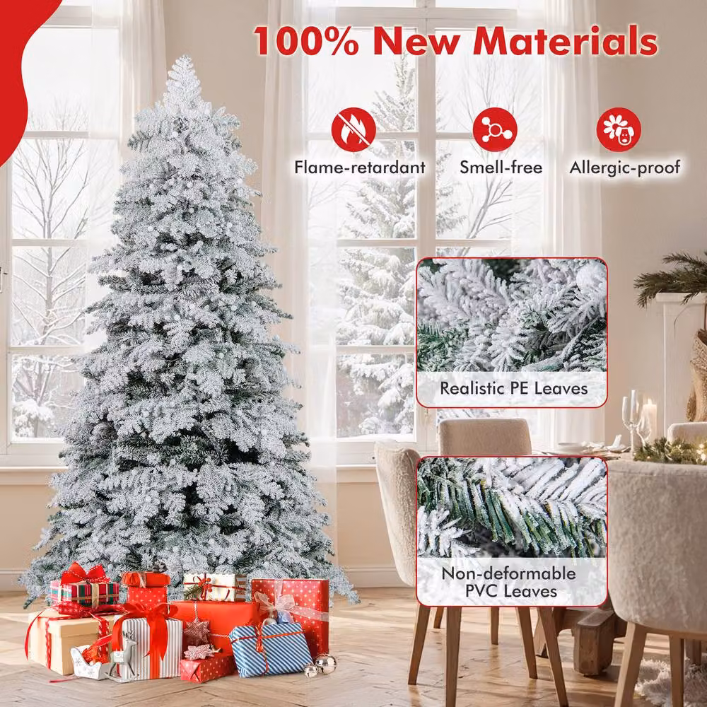 Gymax 6 FT Pre-Lit Artificial Snow Flocked Christmas Tree in White – 5