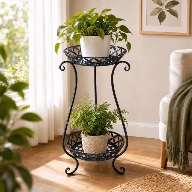 Garden Sanctuary 2 Tier Tall Vintage Matt Black Metal Plant Stand