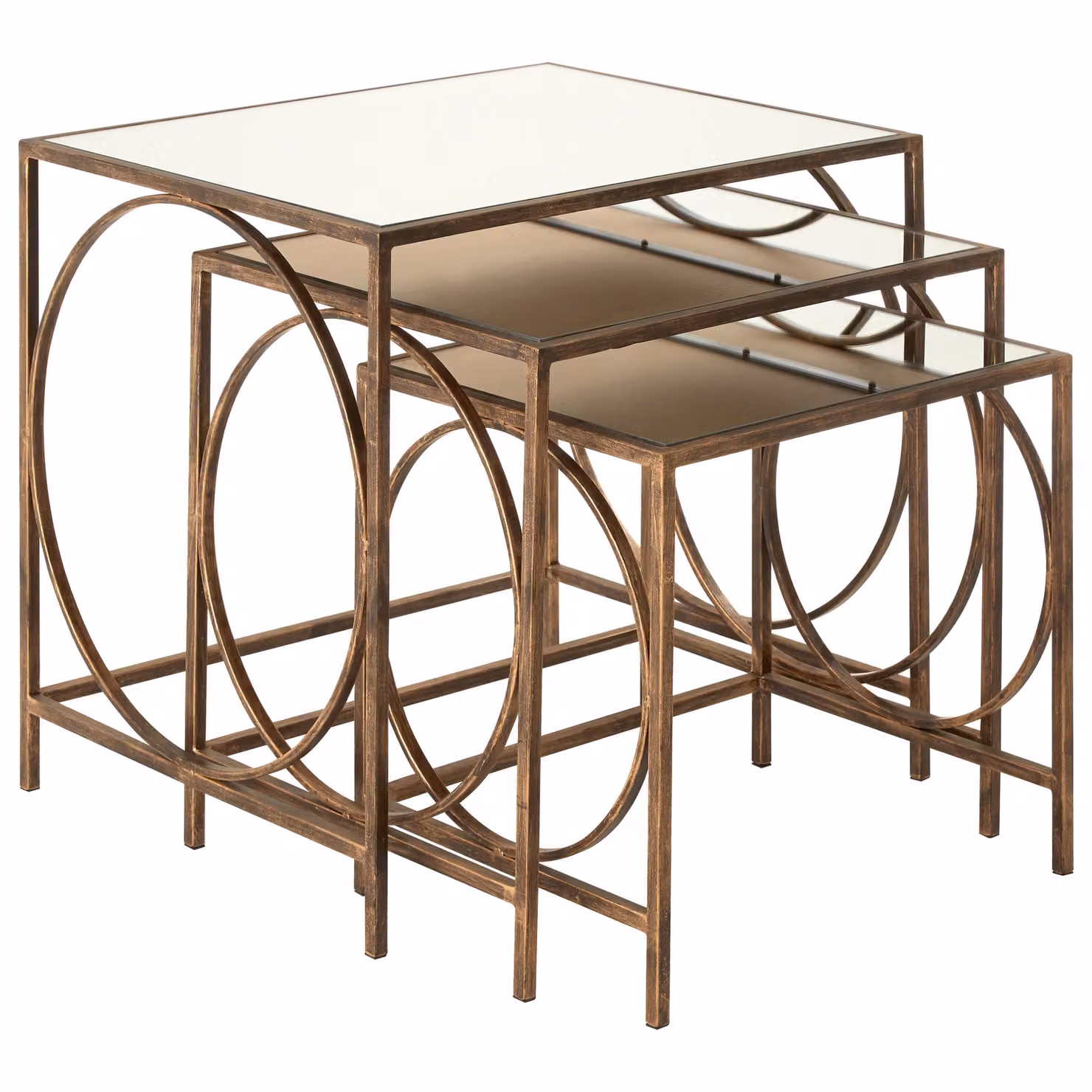 Orsina Geometric Design Nest of 3 Tables in Brown with Glass and Metal Tops – 2