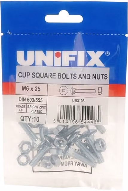 Unifix Grade 4.8 Steel Cup Square Hex Bolts and Nuts, DIN 603/555, Bright Zinc Plated, Silver, M10 x 75 mm (Box of 25)