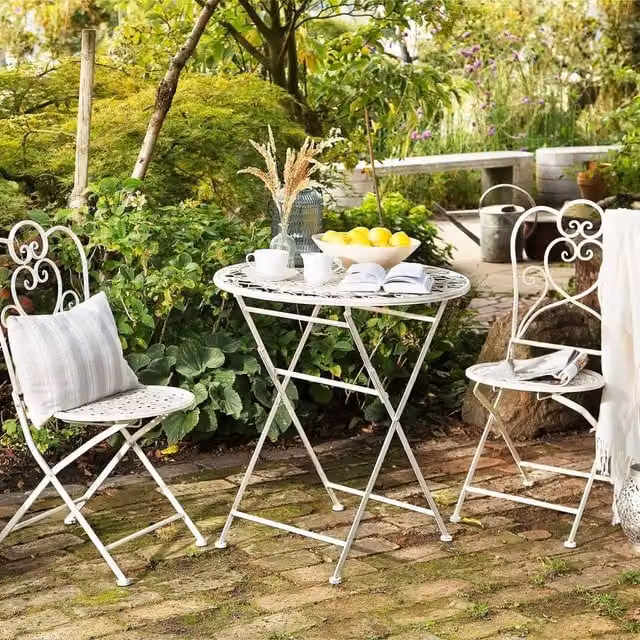 Wyld and Coco Provence Beige Bistro Set - 2-Seater Shabby Chic Metal Table and Chairs