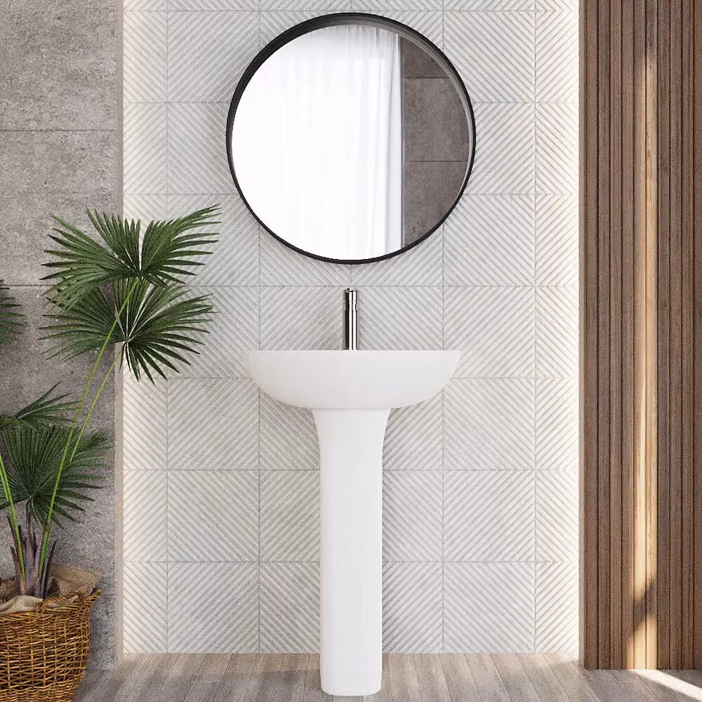 Balterley Round Ceramic 1 Tap Hole Basin with Full Pedestal, White, W: 560 mm – 2