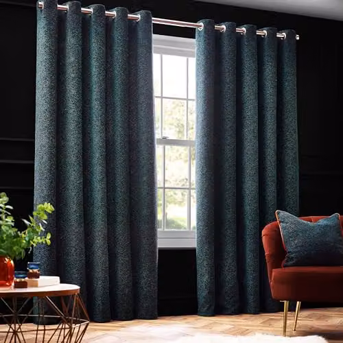 Paoletti Galaxy Eyelet Curtain Pair in Emerald Green and Gold Chenille Velvet, W: 229 cm, D: 0 cm, H: 183 cm