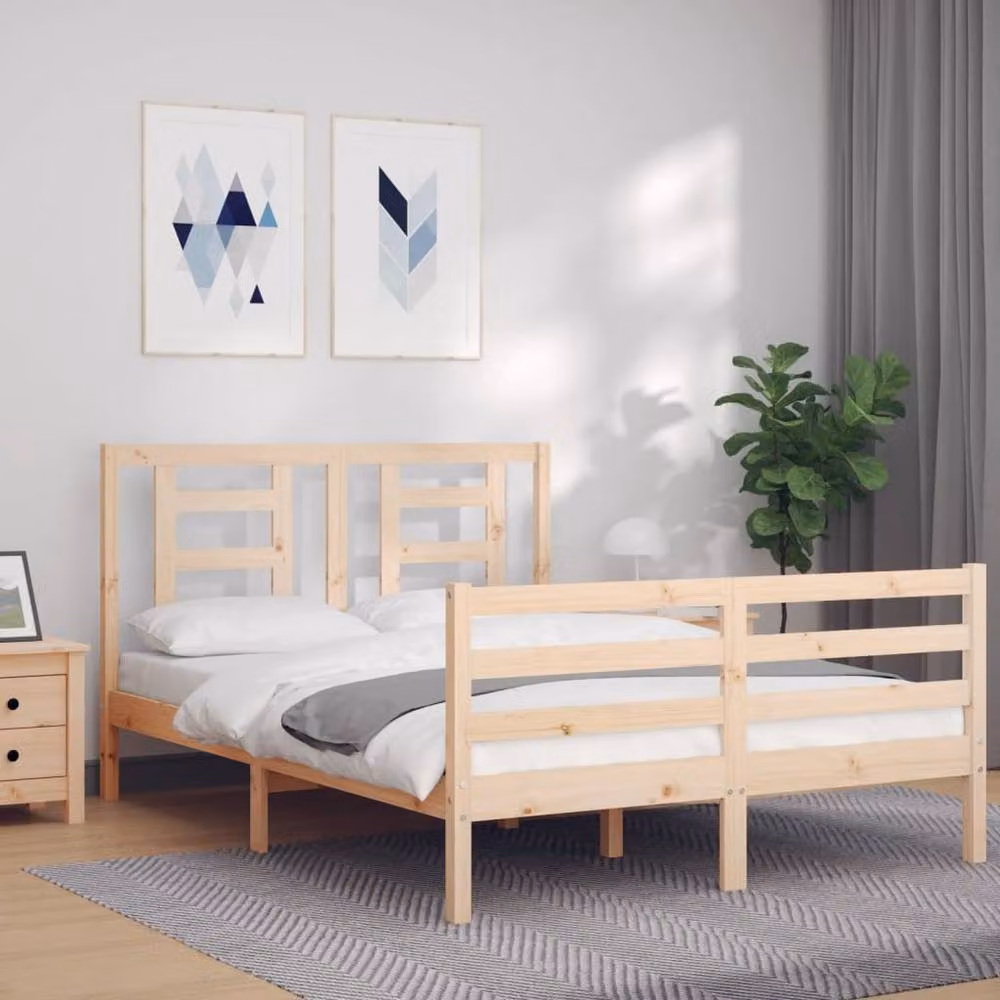 Berkfield Home Small Double Solid Wood Bed Frame with Headboard in Natural Pine – 2