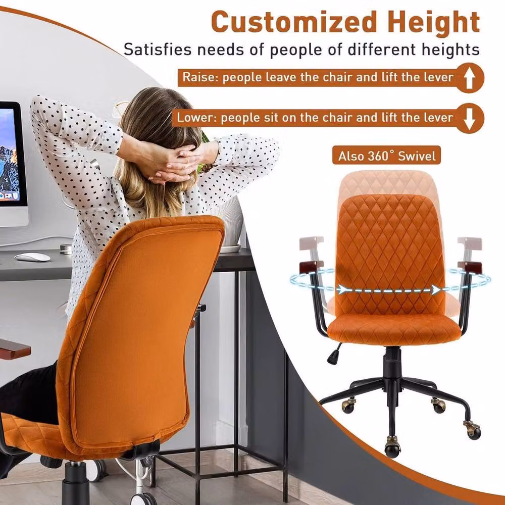 Kelvenix Ergonomic Velvet Office Chair in Orange with Retro Swivel Design and Armrests – 3