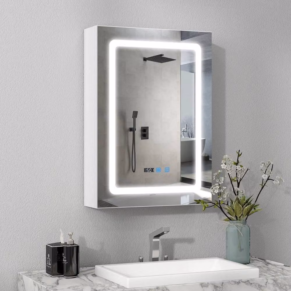 PAWNORA Modern Silver LED Bathroom Mirror Cabinet with Integrated Dimmable Lighting and Glass Doors – 2