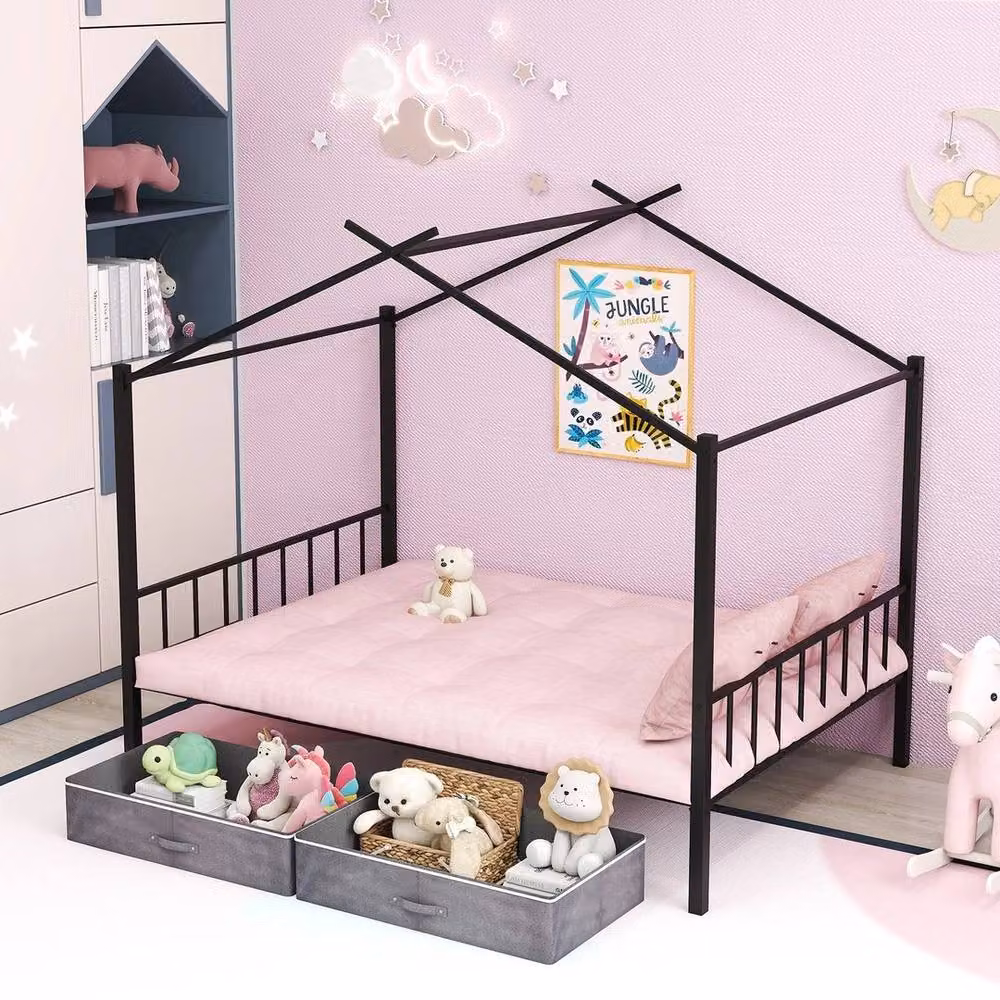 KORVIXA Double Size House Bed with Metal Frame and Slats in Black, W/D/H: 140 x 200 cm – 3