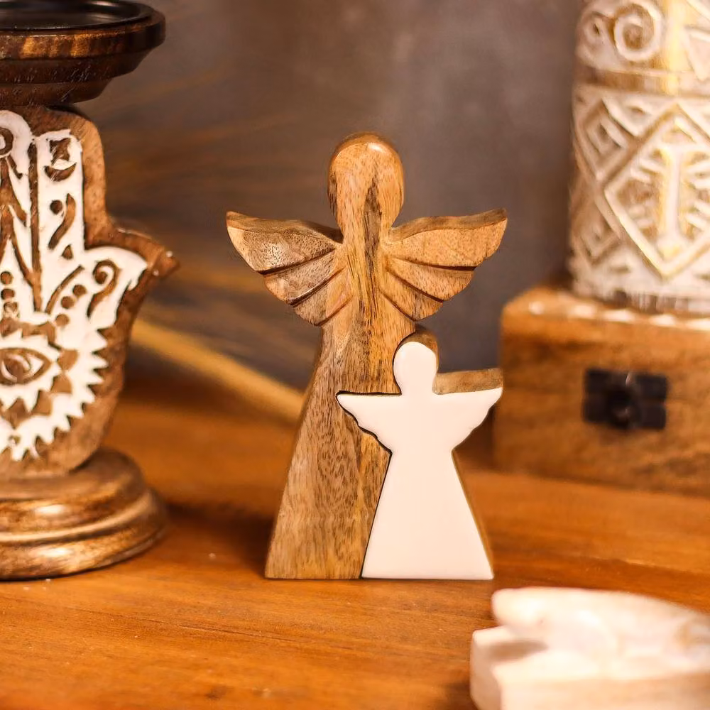 Serenityy White Enamel Mango Wood Double-Angel Tabletop Ornament, W/D/H: 9 x 2 x 15 cm – 2