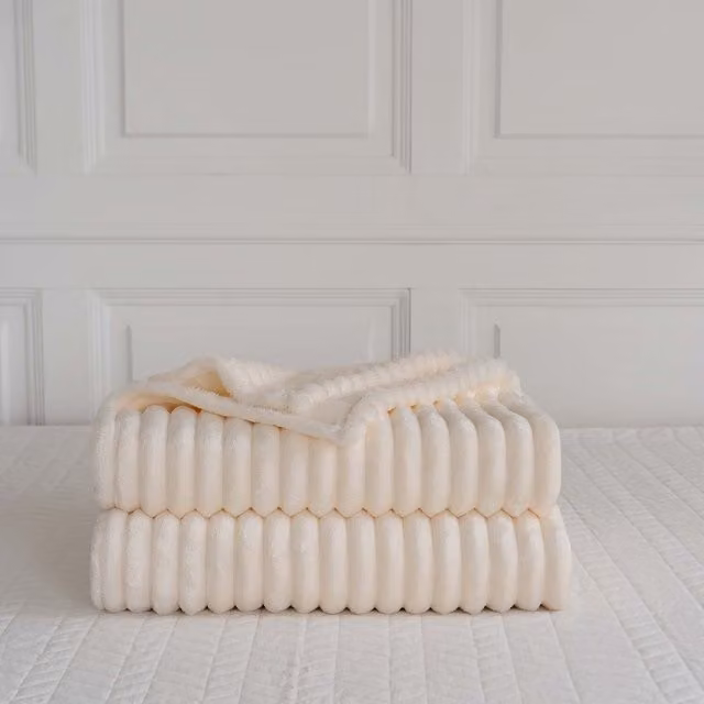 Velosso Modern Striped Velvet Throw Blanket in White and Orange, W/D/H: 305 x 305 cm