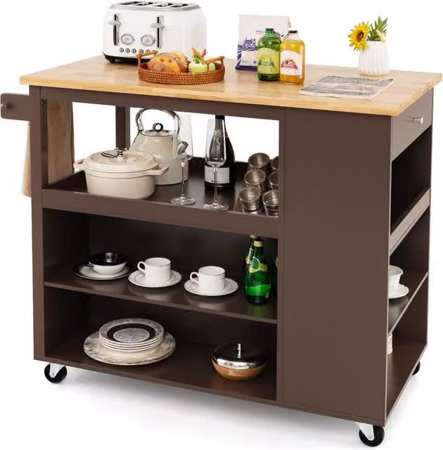 Costway Modern Brown Rubberwood Mobile Serving Trolley Cart for Kitchen and Dining Room